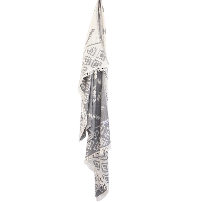 Aztec Turkish Towel/Throw - Dark Grey & White